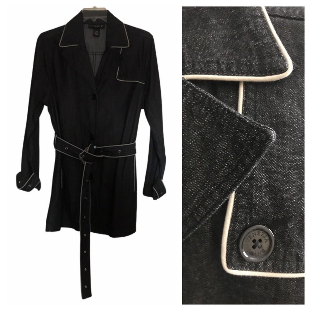 Lane Bryant Venezia Trench Coat Jacket 14/16 Black Denim shirtdress pockets belt